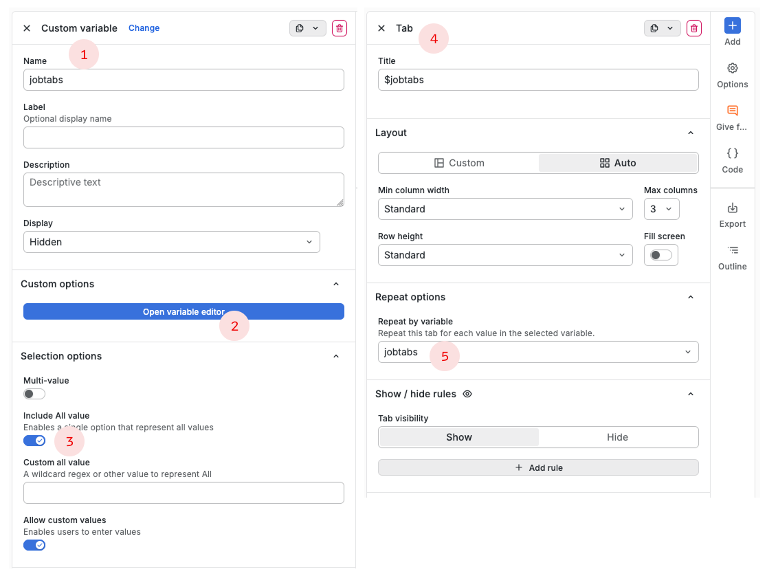 Eine Custom-Variable mit eigenen Daten erstellen, dann Einstellungen für die Tabs, unten muss man die “Repeat by variable” die eben erstellte Variable auswählen